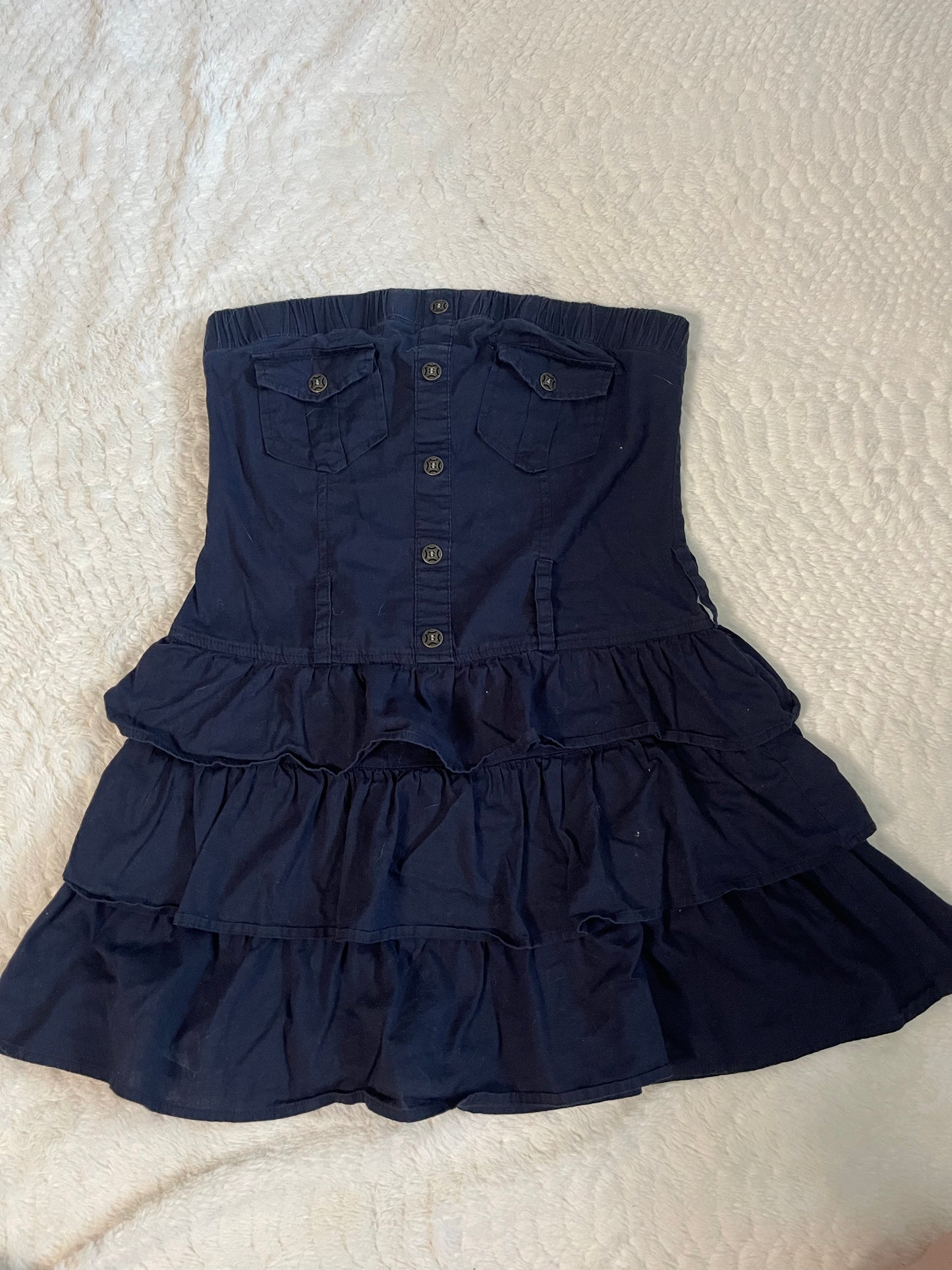 Y2k Strapless Navy Blue Ruffled Dress