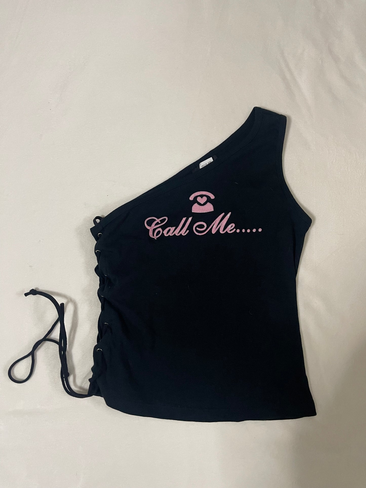 Y2k “Call Me” one shoulder tank